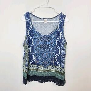 Bila Blue‎ White Floral Geometric Festival Sequin Lace Trim Tank Size Large